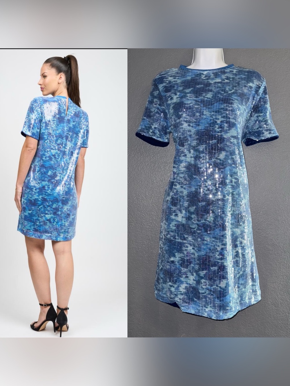 DG2 by Diane Gilman New w Tags Sequin Short Sleeve Blue Shift Dress XS - Small